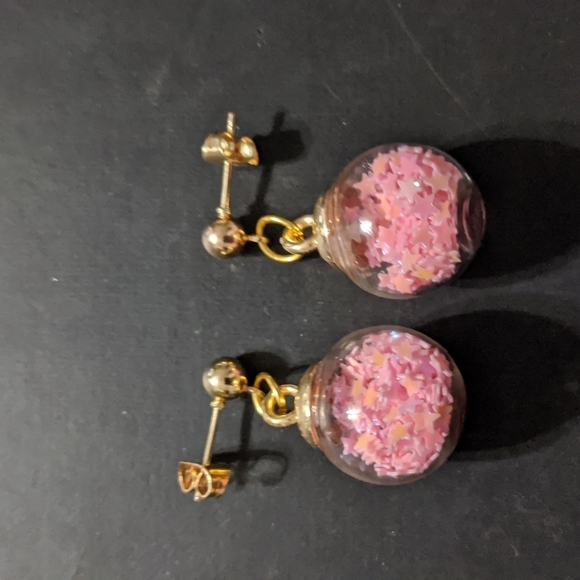 Gold Tone Pink Star Filled Balls Dangle Statement Earrings - Picture 1 of 2
